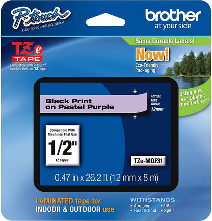 Brother Genuine P-touch TZE-MQF31 Tape, 1/2" (0.47") Wide Standard Laminated Tape, Black on Pastel Purple, Laminated for Indoor or Outdoor Use, Water-Resistant, 0.47" x 26.2' (12mm x 8M), TZEMQF31