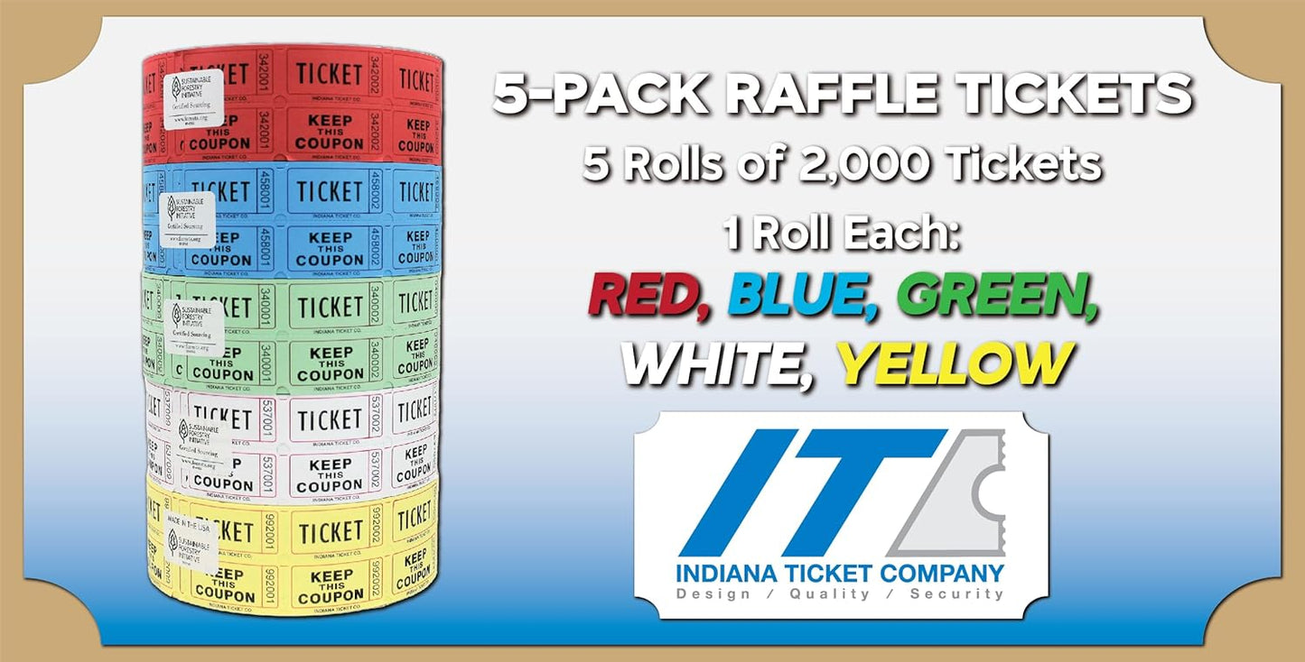 INDIANA TICKET CO. Raffle Tickets Double Roll, 5 Rolls 2,000 Tickets, 1 Roll Each Red, Blue, Green, White & Yellow, Premium Quality 50/50, Events Tickets (Pack of 5)