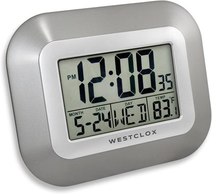 Westclox Large Digital Wall Clock Battery Operated Large Digital Clock with Temperature Date and Day of Week with Alarm | Modern Digital Desk Clock for Office Kitchen Bedroom or Living Room | Silver