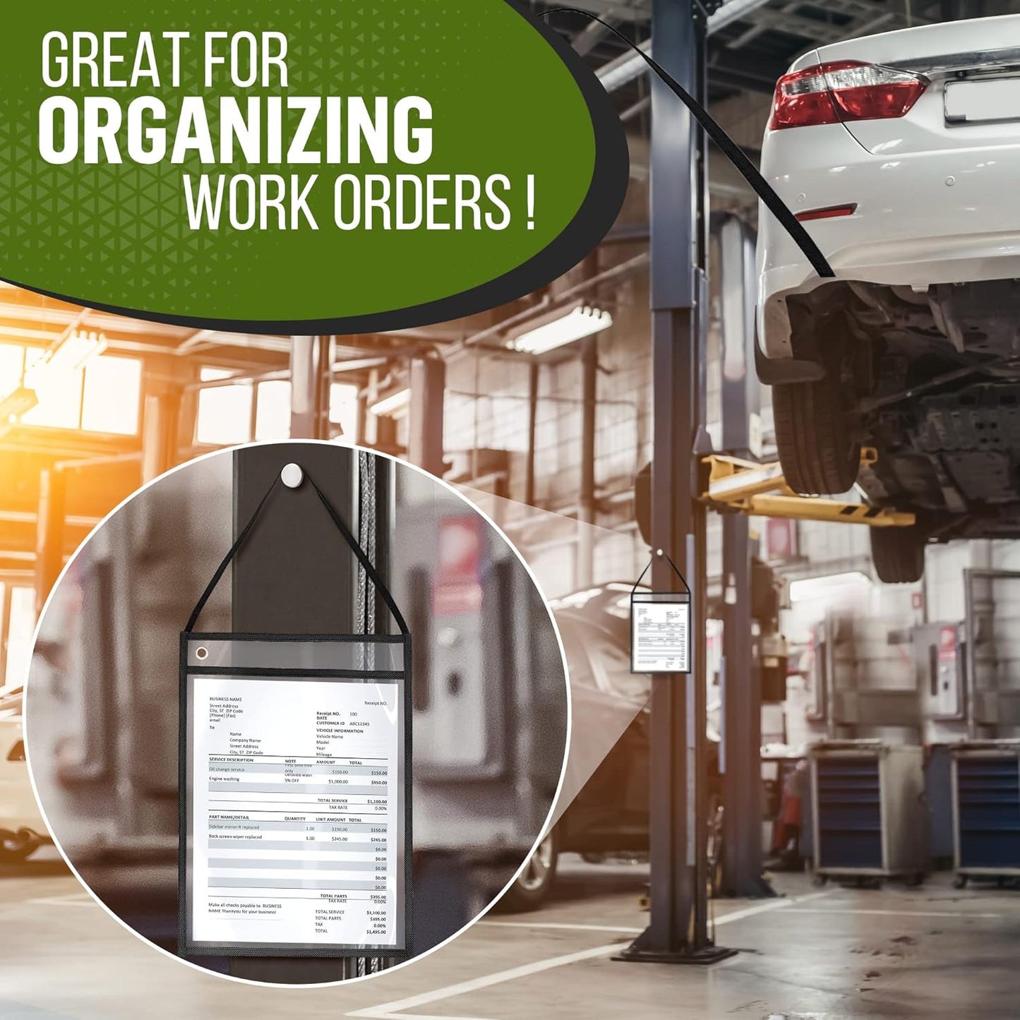 20 Pack Job Ticket Holders 9x12 with Strap - Permit Holder for Documents - Hanging Shop Ticket Holders - Work Order Plastic Sleeves - Dry Erase Pockets Sleeves Mechanic & Automotive Work Order Sleeve