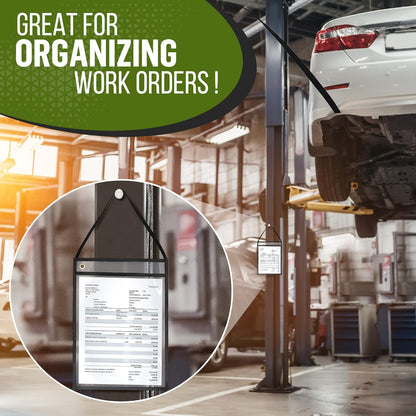 20 Pack Job Ticket Holders 9x12 with Strap - Permit Holder for Documents - Hanging Shop Ticket Holders - Work Order Plastic Sleeves - Dry Erase Pockets Sleeves Mechanic & Automotive Work Order Sleeve