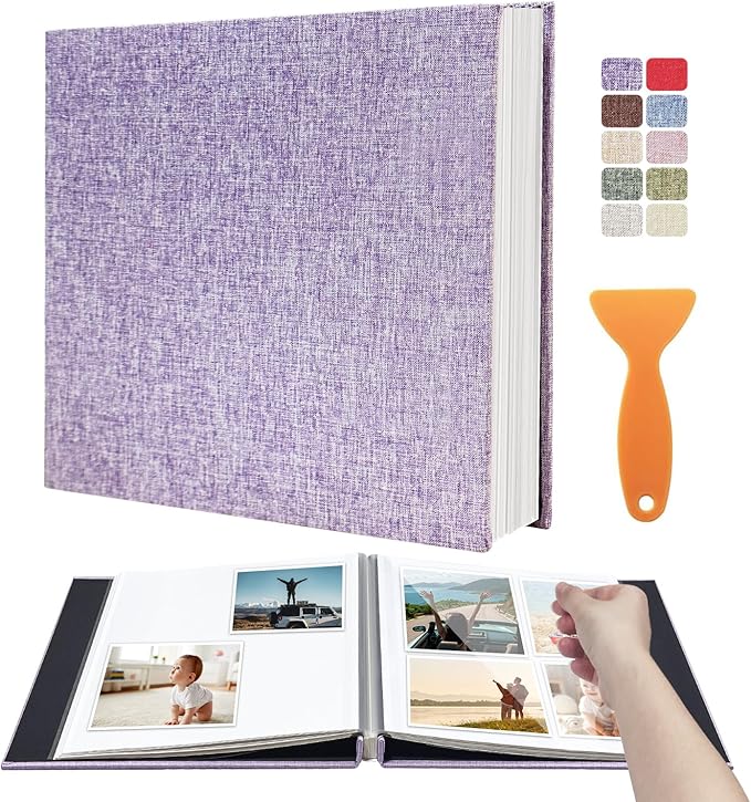 Photo Album Scrapbook – 4x6, 5x7 & 8x10 Pictures – Self-Adhesive Pages for Baby, Wedding, Travel & Family Memories | Includes Metallic Pen & Scraper/Light Purple Large DIY Memory Book for Gifts