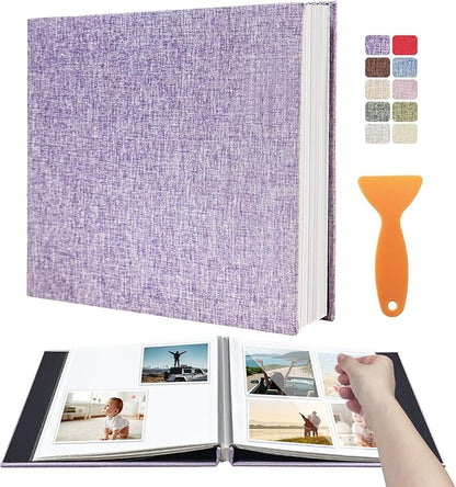 Photo Album Scrapbook – 4x6, 5x7 & 8x10 Pictures – Self-Adhesive Pages for Baby, Wedding, Travel & Family Memories | Includes Metallic Pen & Scraper/Light Purple Large DIY Memory Book for Gifts