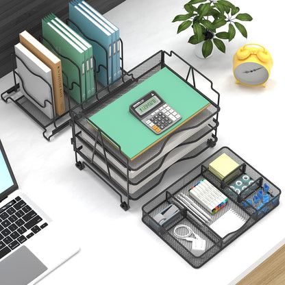 Mesh Desk Organizer, 3-in-1 Desktop Organizer with 3 Tier Tray and 5 Upright Sections, File Organizer for Desk with Sliding Drawer, Black