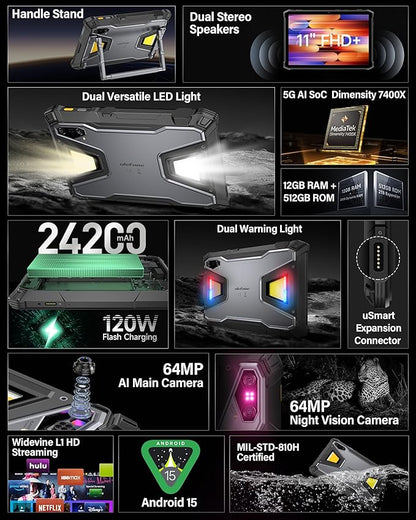 Ulefone Armor Pad 5 Pro 5G Rugged Tablet, Dimensity 7400X 32GB+512GB/2TB Expansion Android 15, 24200mAh(120W), 11" FHD+ Screen, IP68/69K, 64MP+64MP, 32MP, Dual LED Lights/Warning Lights, Widevine L1
