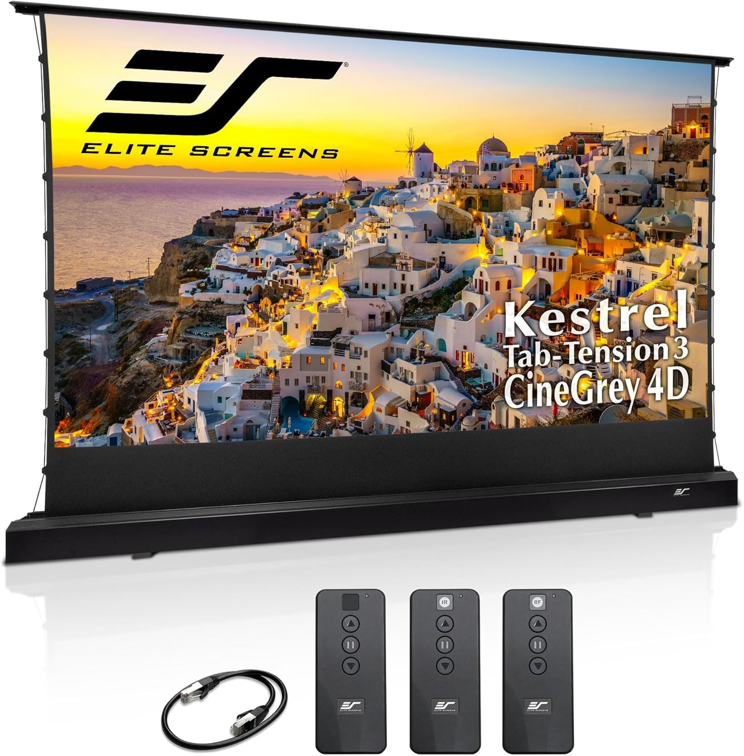 Elite Screens Kestrel Tab-Tension 3 CineGrey 4D, 150 inch 16:9, Standard Throw ISF Ceiling Ambient Light Rejecting (CLR/ALR) Electric Floor-Rising Projector Screen, Programmed Remote Kit, FTE150H3-C4D
