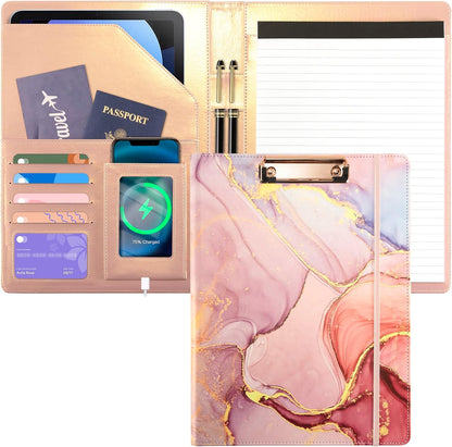 Leather Portfolio Binder Folder Storage Clipboard Pink Padfolio for School Side Straps Document Organizer