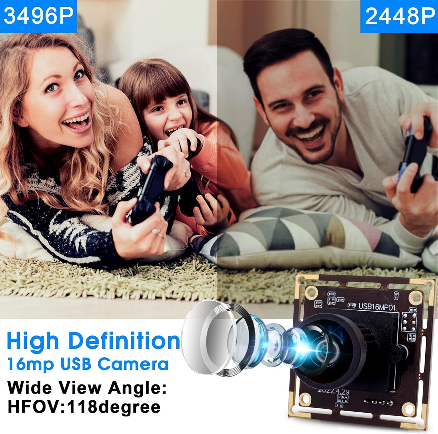 ELP 16MP Wide Angle USB Camera Module for Raspberry Pi and Computer 4K Mini UVC USB2.0 Video Webcam Board with 118degree No Distortion Lens IMX298 Industrial PC Lightburn Camera for Laptop,Jetson Nano