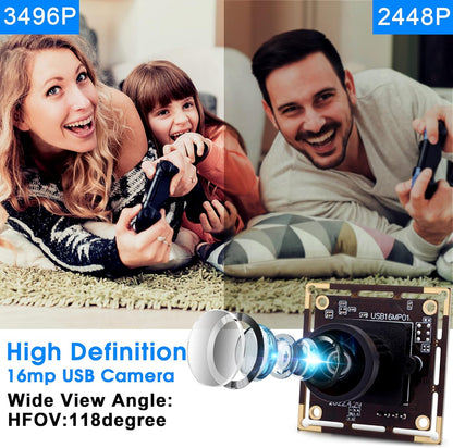 ELP 16MP Wide Angle USB Camera Module for Raspberry Pi and Computer 4K Mini UVC USB2.0 Video Webcam Board with 118degree No Distortion Lens IMX298 Industrial PC Lightburn Camera for Laptop,Jetson Nano