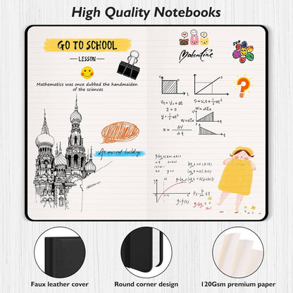 Huhuhero Lined Journal Notebook, 5 Pack Black Hardcover Notebooks for Work Women Men, 120Gsm Thick Paper Leather Journals for Writing Note Taking Business, Journaling School Supplies 5"×8.25"