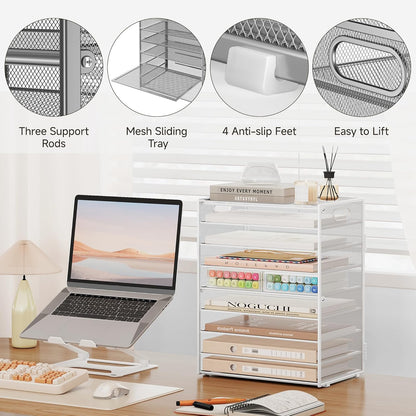 SUBEKYU 9 Tier Paper Letter Tray Desk Organizer with Handles - White Metal Mesh File Holder Paper Sorter Desk Organizer for Office Home School, Include 6 Pcs Adjustable Slid Tray, 6 Colors Available
