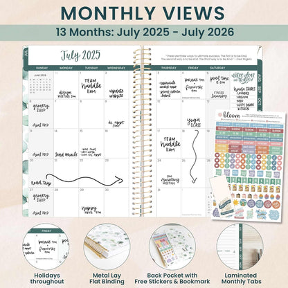 bloom daily planners 2025-2026 Academic Year Daily Planner (July 2025 - July 2026) - A5 Weekly & Monthly Calendar Agenda Organizer Book with Stickers - 5.5" x 8.25" - Boho Greenery