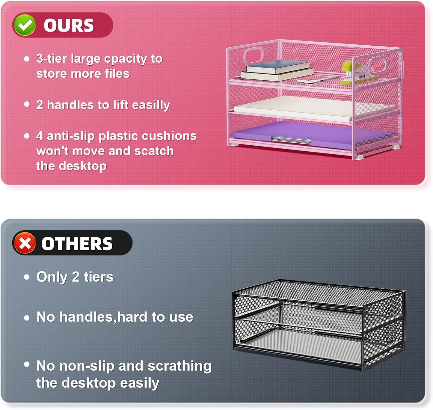 Marbrasse 3 Tier Paper Organizer Letter Tray, Mesh File Organizer with Handle, Paper Sorter Desk Organizer for Home Office Supplies(Pink)