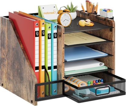 Marbrasse Desk Organizer with File Holder, 5-Tier Paper Letter Tray Organizer with Drawer and 2 Pen Holder, Mesh Desktop Organizer and Storage with Magazine Holder for Office Supplies (Wood-Brown)