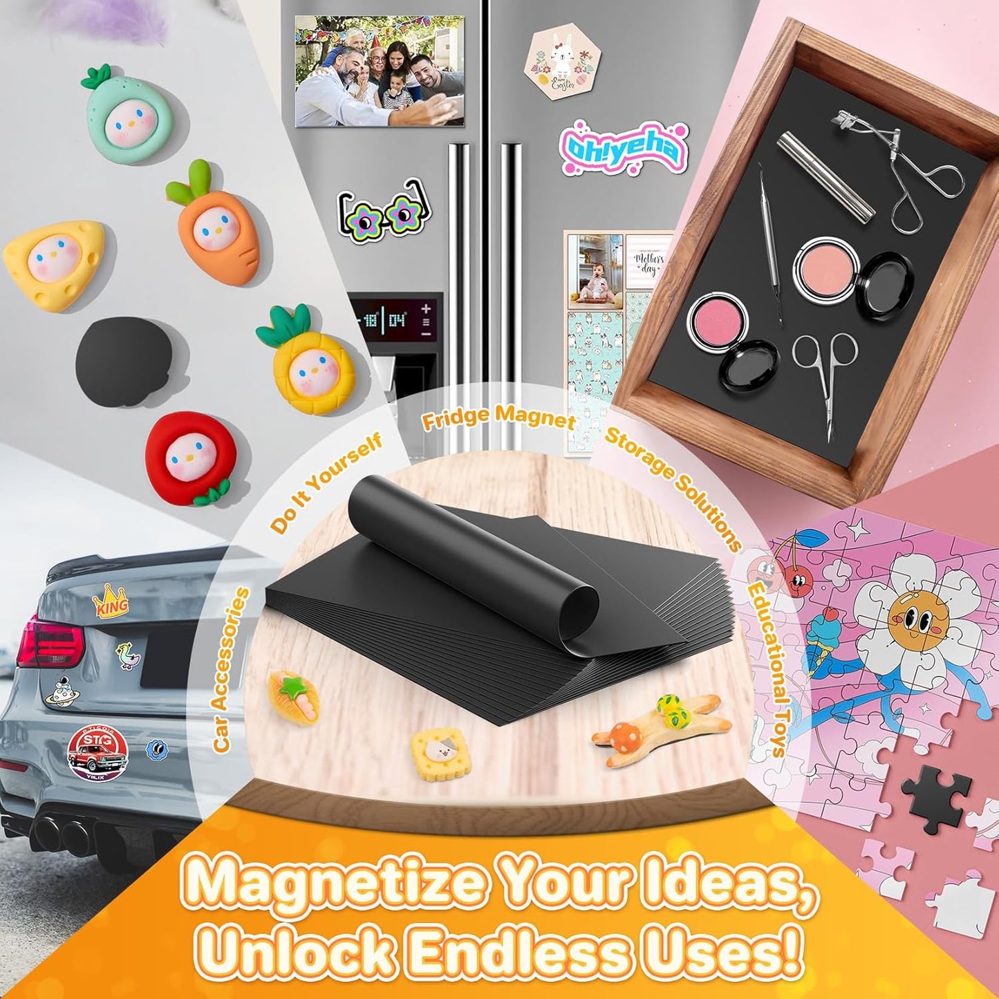 FINDMAG Magnetic Sheets, Flexible Magnets with Superior Adhesive Backing, Cut & Customize Magnet Sheet Set for Creating Magnetic Photo, Crafting, Organizing, and DIY Projects - 4 Pack (8" x 10")