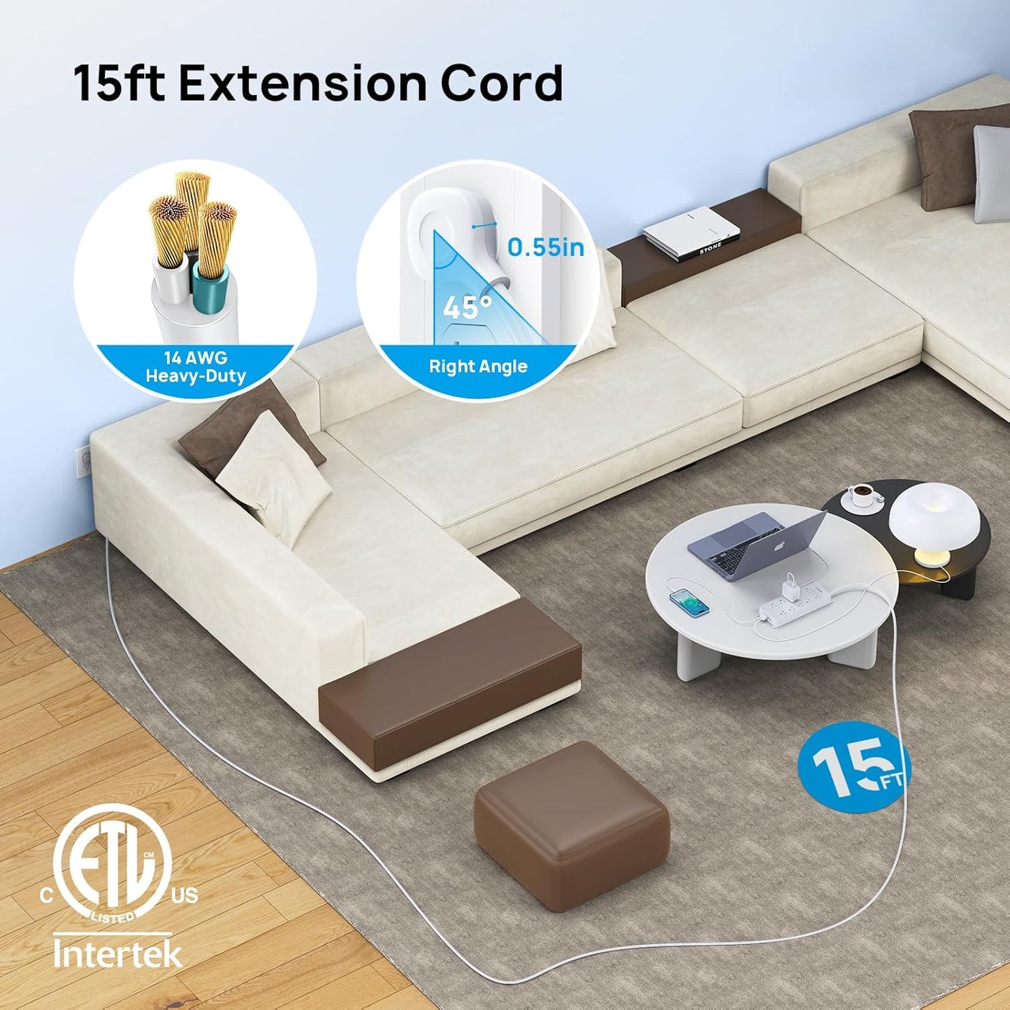 TROND Surge Protector Power Strip, Flat Plug 15ft Long Extension Cord, 10 Widely Spaced AC Outlets, 2 USB A & 2 USB C Ports, 4000J, ETL Listed, Wall Mountable, for Home Office Entertainment, White