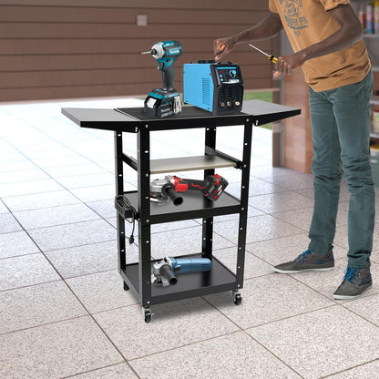 Black Steel AV Cart with Wheels & Power Strip Height Adjustable Rolling Computer Cart w/Folding Drop Leaves Media Cart Projector Cart, 300 LBs, 24 * 18 * 41.75in