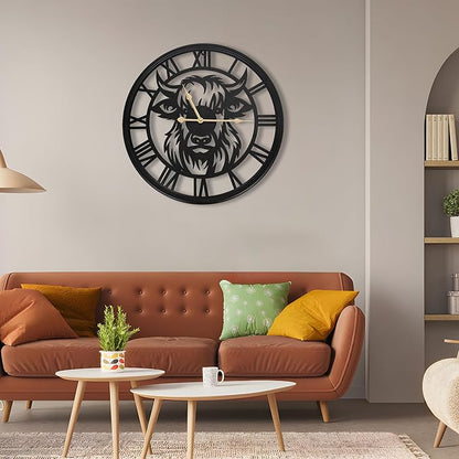 30inch Large Wall Clocks for Living Room Decor,Big Wall Clocks Battery Operated, Slient Black Metal Decorative Oversized Wall Clock for Bedroom, Kitchen (Highland Bull Wall Clock, 30 Inch)
