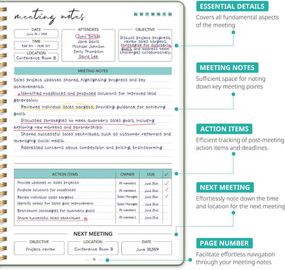 Taja Meeting Notebook for Work Organization - Work notebook with action items, Meeting Minutes Planner Notebook, Perfect Office Supplies for Men & Women - Green