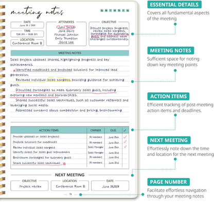 Meeting Notebook for Work Organization - Work notebook with action items, Meeting Minutes Planner Notebook, Perfect Office Supplies for Men & Women - Beige