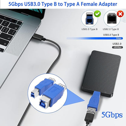 MEIRIYFA USB A to USB 3.0 B Printer Adapter, USB 3.0 Type-B to USB3.0 Type-A Female Adapter Converter 5Gbps for Printer, Scanner, External Hard Drive, Laptops - Blue, 2PCS (USB-B Female)