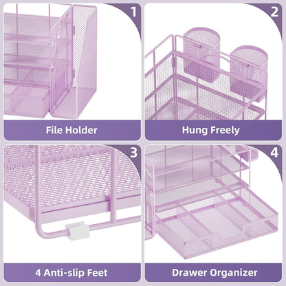 Marbrasse Desk Organizer and Accessories，4-Tier Paper Letter Tray Organizer with File Holder, Workspace Desk Organizers Accessories with Drawer and 2 Pen Holder (Purple, 15.4" x 9.1" x 8.3")