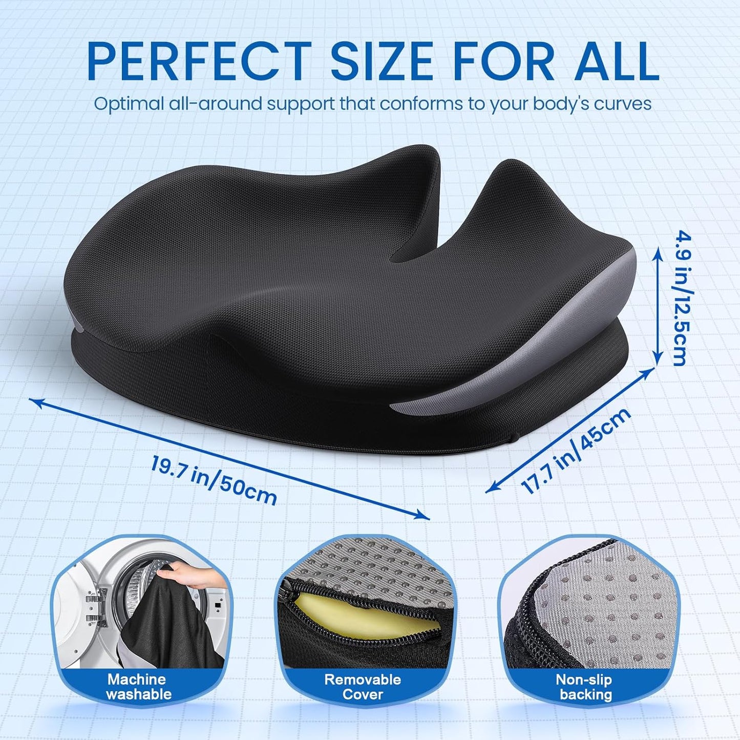 Benazcap Large Seat Cushion for Office Chair Memory Foam Coccyx Pain Relief Cushion Pillow for Back Support Non-Slip Seat Pad