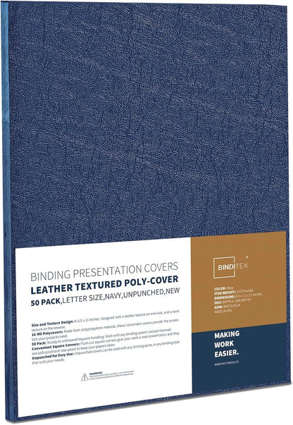 Binditek 50 Pack 16 Mil Leather-Textured Heavyduty Polycovers, Letter Size, Plastic Binding Presentation Back Covers, 8-1/2 x 11", Square Corners, Unpunched, Navy