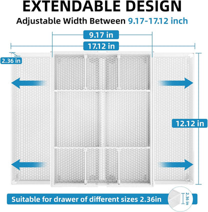 Marbrasse Expandable Desk Drawer Organizer, Mesh Drawer Organizer Tray with 10 Adjustable Compartments, Desk Organizers and Accessories, 5 Dividers Drawer for Office Supplies, Makeup & Vanity (White)
