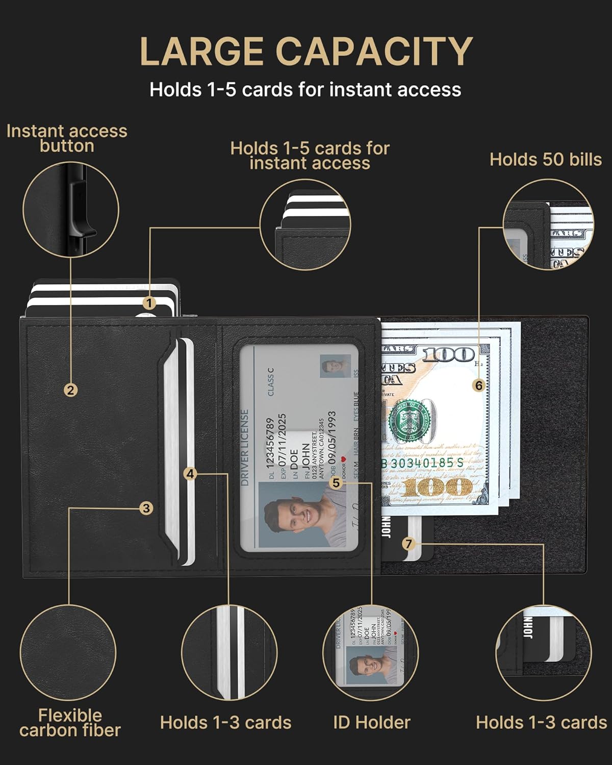 typecase Mens Wallet Card Holder: Pop Up Aluminum Case, Genuine Leather, Smart, RFID Blocking, Slim, Minimalist, Front Pocket - 9-14 Card Capacity | ID Window | Cash Slot - Oil Wax Black