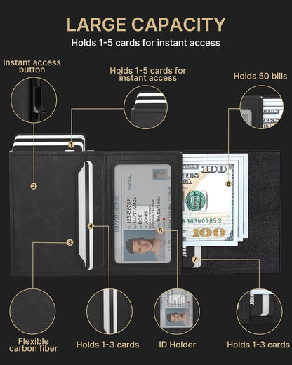 typecase Mens Wallet Card Holder: Pop Up Aluminum Case, Genuine Leather, Smart, RFID Blocking, Slim, Minimalist, Front Pocket - 9-14 Card Capacity | ID Window | Cash Slot - Oil Wax Black