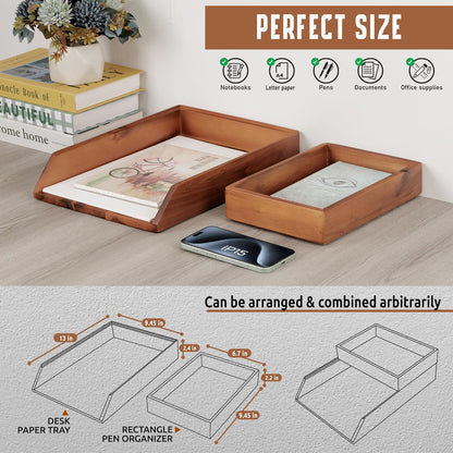 Demigo Desk Organizer Letter Tray Set of 2, Acacia Wood Tabletop Desktop for Storage Paper Letter Folders Notebooks Copy Print, Workspace Holder, Keep Stationery Saver (Brown)