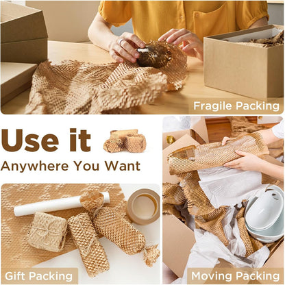 Honeycomb Packing Paper, 12"x400' Brown | Perforated Honeycomb Packing Paper Recyclable Moving Supplies for Shipping & Moving | Plastic-Free Alternative to Bubble Cushion Wrap with 36 Fragile Stickers