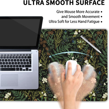 Black Aesthetic Vintage Botanical Gaming Mouse Pad Large XL Cute Forest Green Plant Nature Floral Extended Large Big Mousepad Non-Slip Stitched Edge Long Mat for Desk Computer,24x14 Inch,60x35 CM