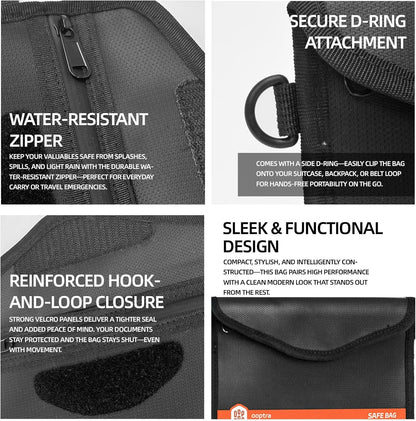 Fireproof Document Bag (Black) – Waterproof Zipper – Lightweight & Portable – for Home, Office & Travel – Holds Files, Cash, Passport, Valuables – Fire & Water Resistant – with External Buckle