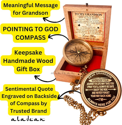 Gift for Grandson Brass Compass Engraved Quote | Memory Present to My Grandson Birthday, Baptism, Graduation, Confirmation, Love, Gift idea by Grandpa Grandma