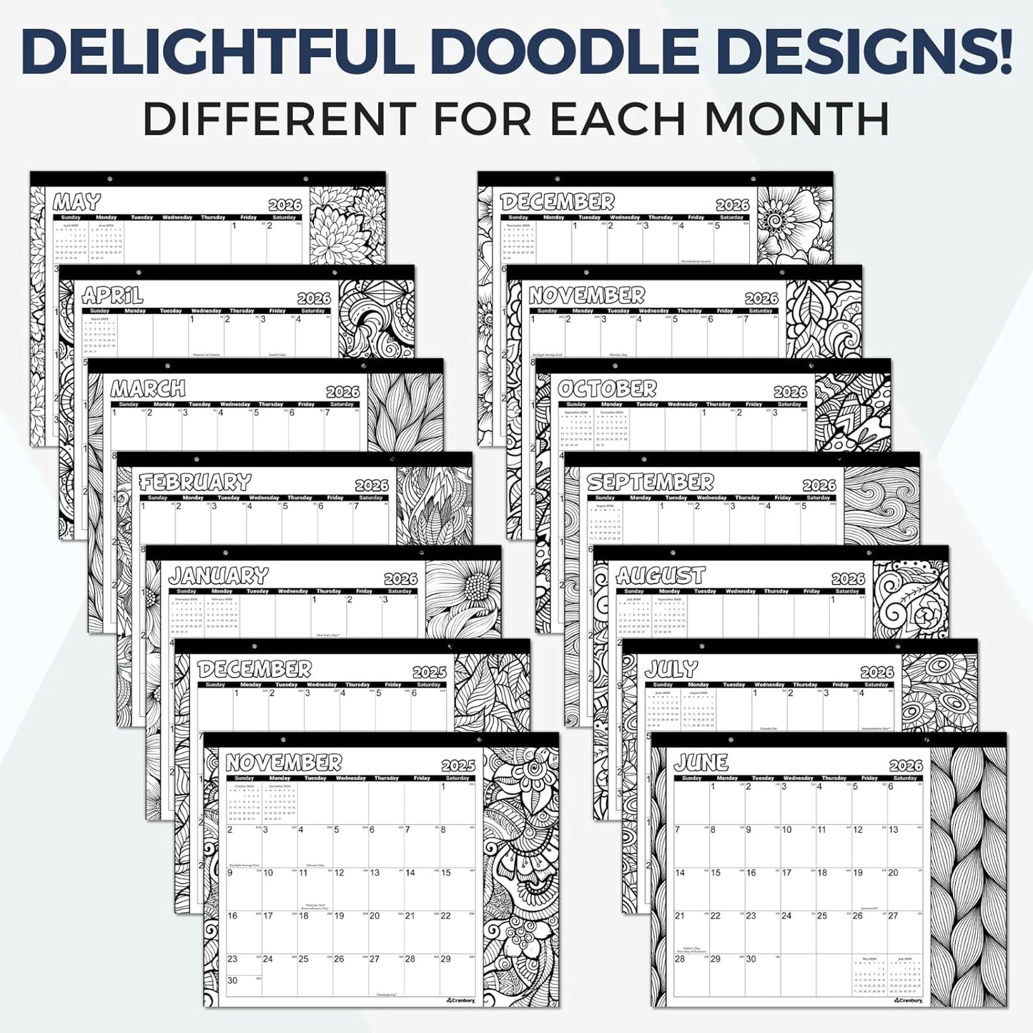 CRANBURY Coloring Desk Calendar 2026, 13.25x17" Doodle Deskpad Calendar or Large Hanging Wall Planner, Includes Planner Stickers, 14 Months, Use Nov 2025 to Dec 2026
