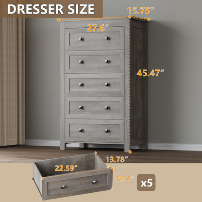 Tall 5-Drawer Dresser, Modern Wooden Storage Chest of Drawers, Dresser TV Stand, Wood Drawer Organizer with Metal Handles for Bedroom, Living Room, Hallway