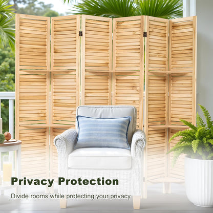 NicBex 6 Panel Room Divider 5.6FT Louvered Design Room Dividers with Display Storage Shelves Folding Privacy Screens Portable Freestanding Partition Wall Dividers for Home Bedroom Office, Natural Wood
