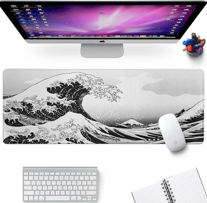 Sea Wave Large Gaming Mouse Pad Desk Pad with Stitched Edge 31.5''x11.8'' Mousepad Computer Keyboard Pad Non-Slip Rubber Base Desk Mat for Game,Work,Study