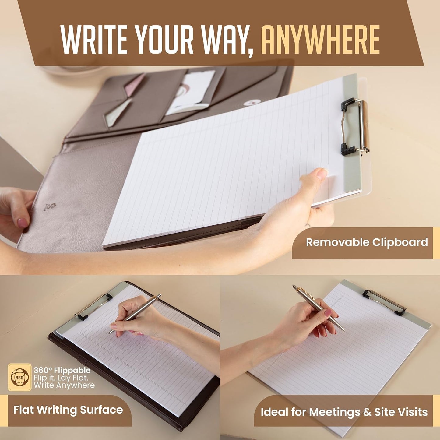 STYLIO Padfolio Folder with Removable Clipboard | Walnut (Brown) Color| Portfolio Organizer | Binder with Storage for Notebook, Notepad | Nursing Clipboard Folio | Vegan Leather