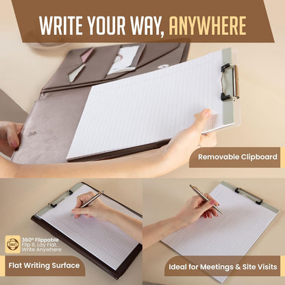 STYLIO Padfolio Folder with Removable Clipboard | Walnut (Brown) Color| Portfolio Organizer | Binder with Storage for Notebook, Notepad | Nursing Clipboard Folio | Vegan Leather