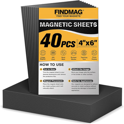 FINDMAG Magnetic Adhesive Sheets, 40PCS Magnetic Tape, Flexible Magnet with Adhesive Backing, Magnet Sheet Stickers for Crafts, Board, Photos, 4" x 6"