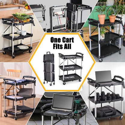 FUTURELAB Portable Folding Service Cart - 3 Tier 330LBS Capacity - Rolling Utility Foldable Cart with Wheels for Warehouse Home Workshops Garages Restaurants Offices