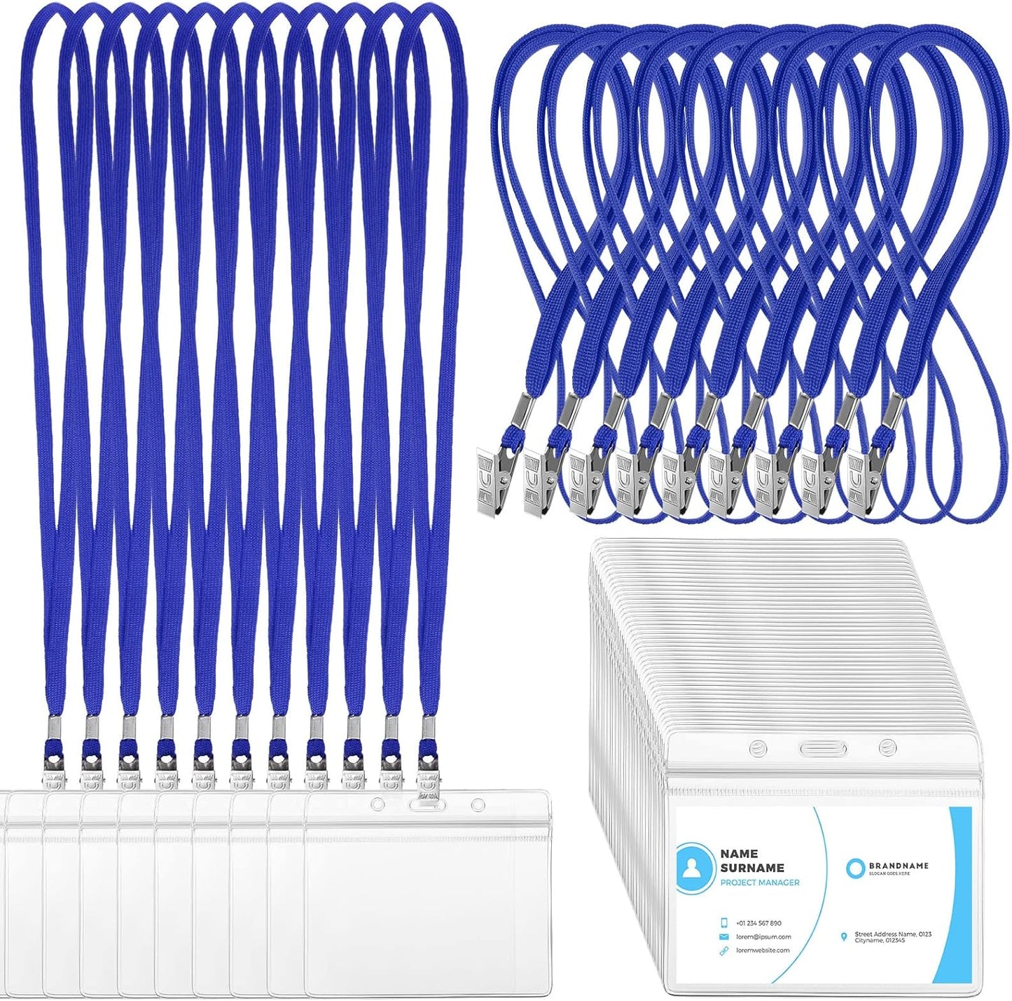 Marspark 100 Sets Clear Name Tags with Lanyard, Lanyards for ID Badges Reusable Strap with ID Holder Plastic Name Badges for Adults Business School Church Conference (Blue)