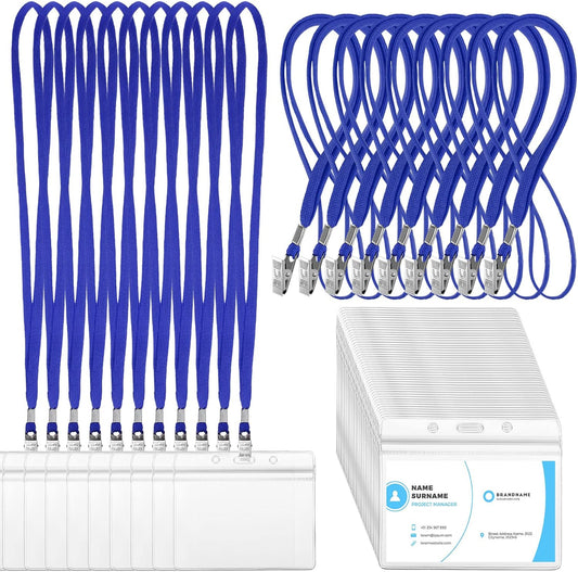 Marspark 100 Sets Clear Name Tags with Lanyard, Lanyards for ID Badges Reusable Strap with ID Holder Plastic Name Badges for Adults Business School Church Conference (Blue)