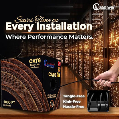 NewYork Cables | CAT6 Plenum Cable 1000ft UL/ETL Listed, 100% Pure Copper, UTP, 550MHz, 23AWG, 4Pair 10GB Ethernet Cable | Certified CMP-Rated Fire-Resistant (1000ft, Pure Copper UL Listed, Black)