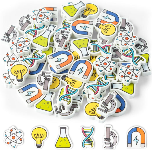 ANGOLIO Science Mini Eraser - 60P Summer Back to School for Kids Bulk Novelty Including microscopes U Shaped Magnets Lamp Bulb Pattern Pencil Eraser for Student Homework Summer Reward Classroom Prizes