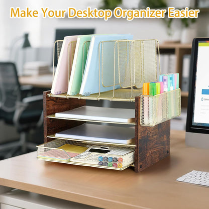 Gold Desk Organizers and Accessories,4-Tier Desktop File Organizer with Drawer, Wood Paper Organizer with 5 Vertical File Holders and Pen Holder for Office Supplies