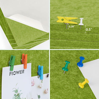 AKTOP Cork Bulletin Board 12x12, 1/2" Thick Felt Cork Board Tiles 6 Pack, Small Square Pin Board for Wall, Self Adhesive Corkboards with 60 Push Pin Wood Clips for School, Home & Office, Green